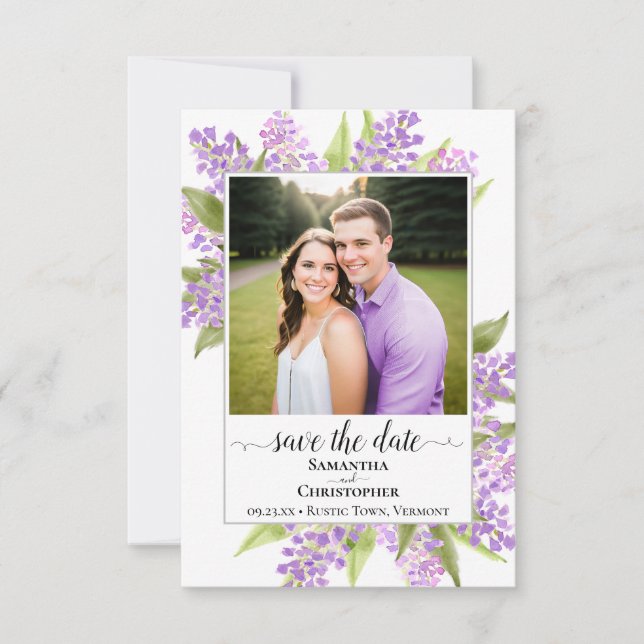 Rustic Watercolor Lilacs & Photo Simple Wedding Save The Date (Front)