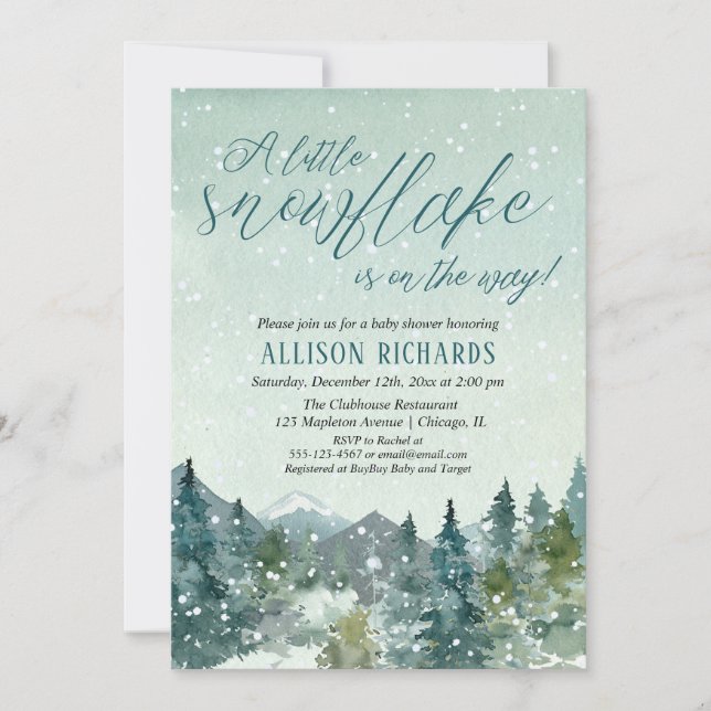 Rustic watercolor little snowflake baby shower invitation (Front)