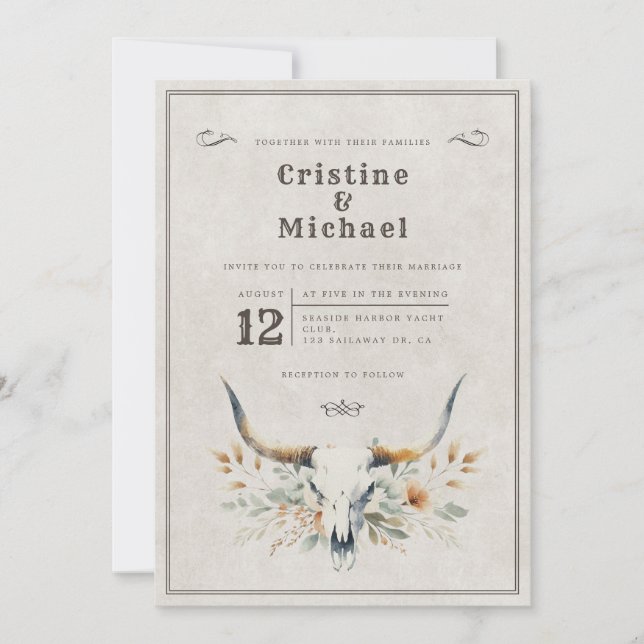 Rustic watercolor longhorn skull wedding invitation (Front)