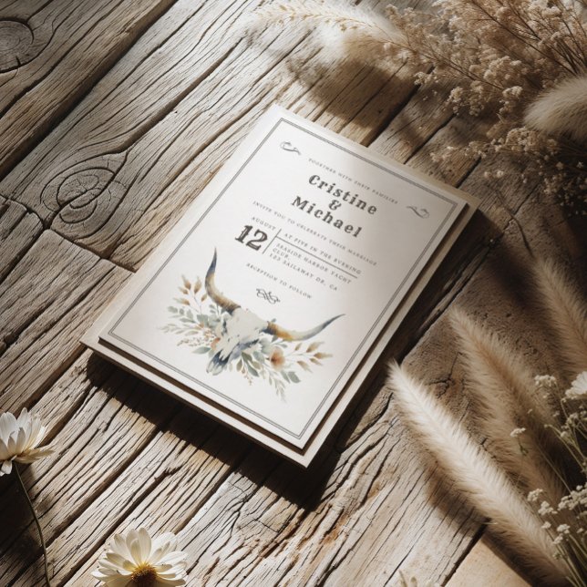 Rustic watercolor longhorn skull wedding invitation (Western wedding invitation featuring a watercolor longhorn skull and prairie flowers)