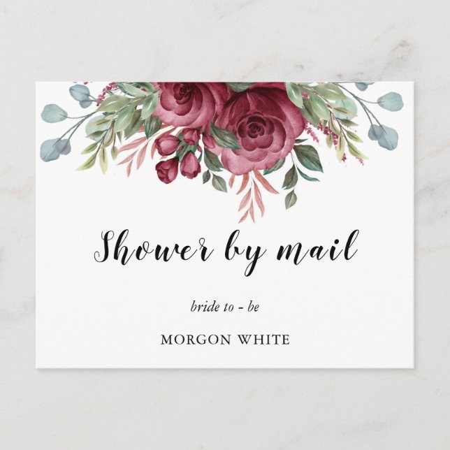 Rustic Watercolor Maroon Bloom Shower By Mail Invitation Postcard (Front)