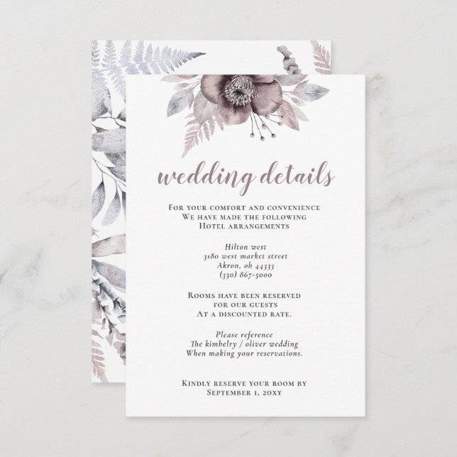 Rustic Watercolor Mauve Floral Botanical Wedding Enclosure Card (Front/Back)