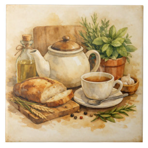 Rustic Watercolor Mediterranean Breakfast  Tile