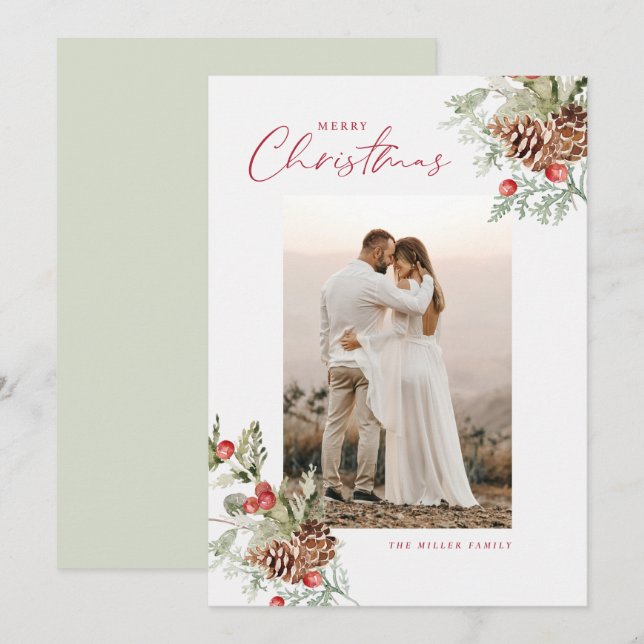 Rustic Watercolor Merry Christmas Photo Card (Front/Back)