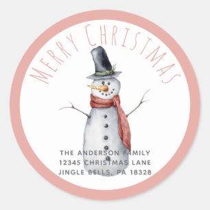 Rustic Watercolor Merry Christmas Snowman Family   Classic Round Sticker