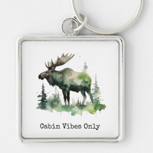 Rustic Watercolor Moose Custom Cabin Forest Art Key Ring