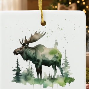 Rustic Watercolor Moose Forest Cabin Keepsake Ceramic Ornament