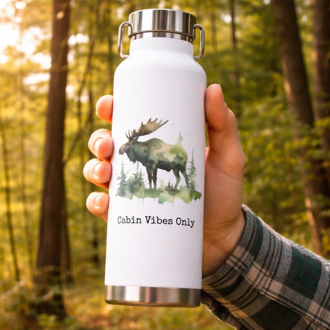 Rustic Watercolor Moose Forest Hiking Water Bottle (Creator Uploaded)