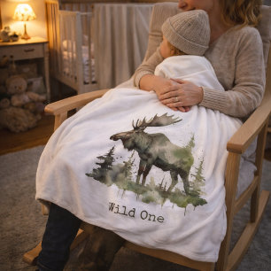 Rustic Watercolor Moose   Little One Personalised  Fleece Blanket