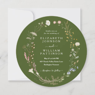 Rustic Watercolor Moss Green Wildflower Wedding Invitation