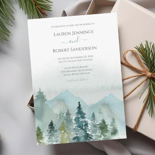 Rustic Watercolor Mountain Evergreen Tree Wedding Invitation
