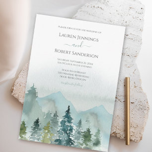 Rustic Watercolor Mountain Evergreen Tree Wedding Invitation