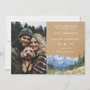 Rustic Watercolor Mountain Floral Photo Wedding Save The Date