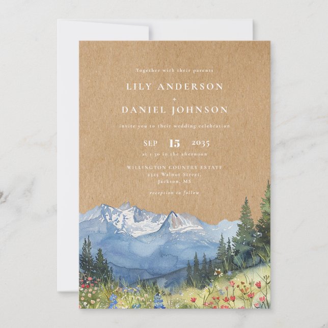 Rustic Watercolor Mountain Floral QR Code Wedding Invitation (Front)