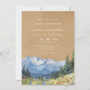 Rustic Watercolor Mountain Floral QR Code Wedding Invitation