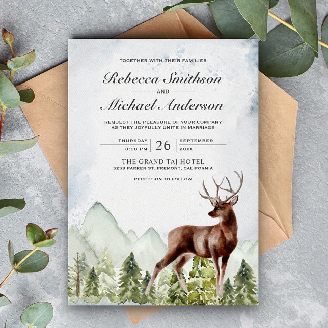Rustic Watercolor Mountain Forest Deer Wedding Invitation (Creator Uploaded)
