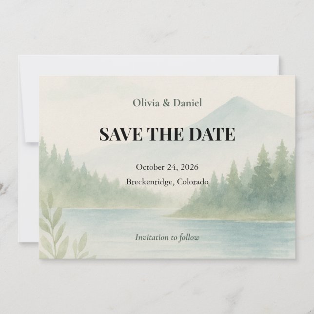 Rustic Watercolor Mountain Forest Save the Date  (Front)