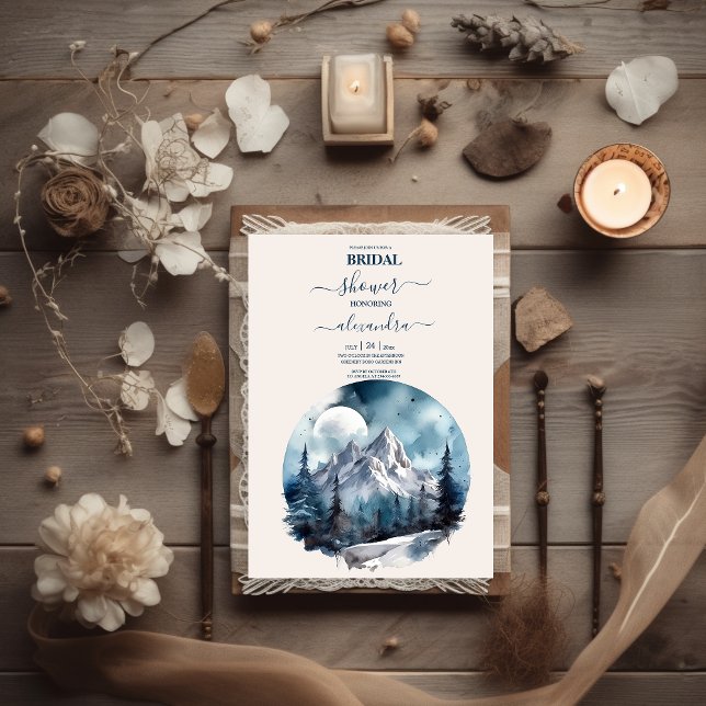 Rustic Watercolor Mountain Forest Winter Bridal Invitation (Creator Uploaded)