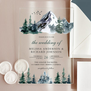 Rustic Watercolor Mountain Forest Winter Wedding Acrylic Invitations