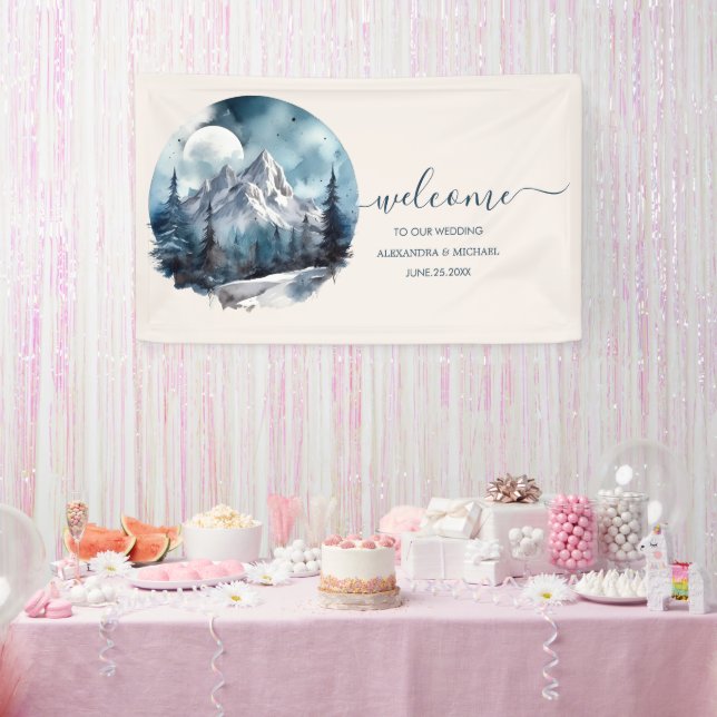 Rustic Watercolor Mountain Forest Winter Wedding Banner (Party)