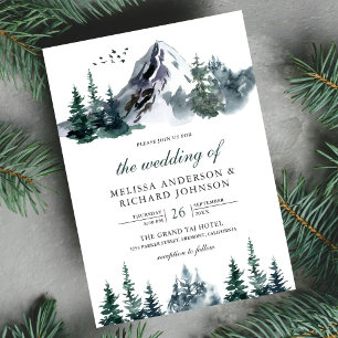 Rustic Watercolor Mountain Forest Winter Wedding Invitation