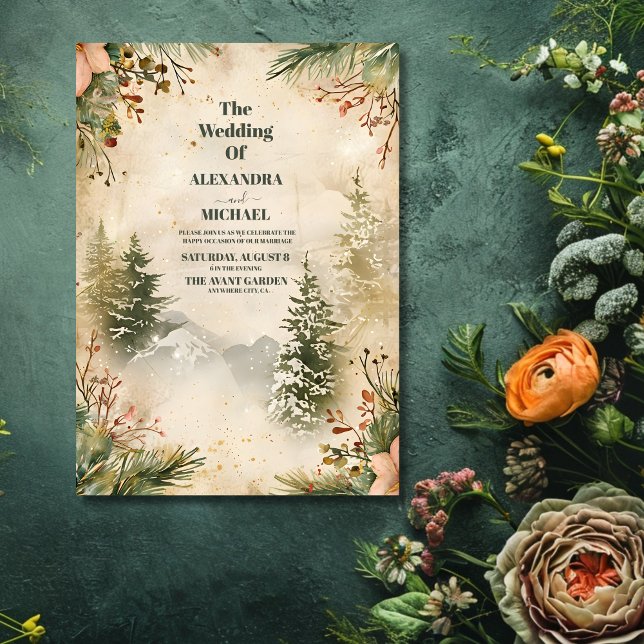 Rustic Watercolor Mountain Forest Winter Wedding Invitation (Creator Uploaded)