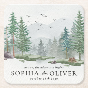 Rustic Watercolor Mountain Green Pine Tree Wedding Square Paper Coaster