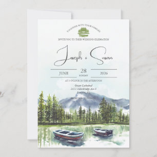 Rustic Watercolor Mountain Lake Greenery Wedding Invitation