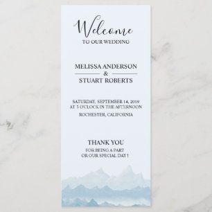Rustic watercolor mountain landscape wedding programme