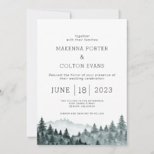 Rustic Watercolor Mountain Pine Tree Wedding Invitation