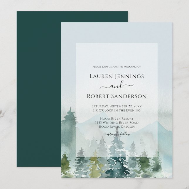 Rustic Watercolor Mountain Pine Tree Wedding Invitation (Front/Back)