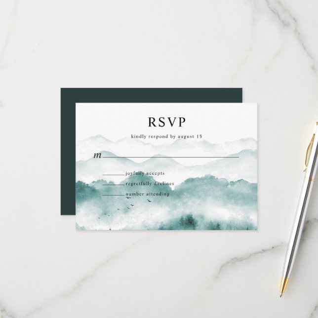 Rustic Watercolor Mountain Pine Trees RSVP Card (Front/Back In Situ)