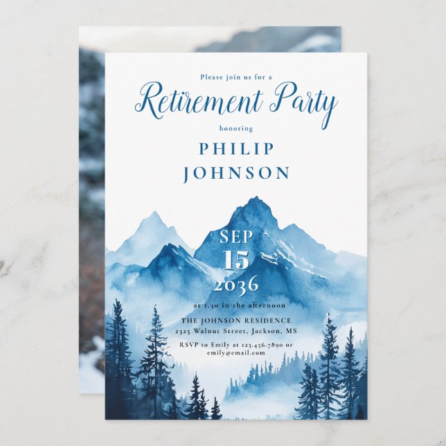 Rustic Watercolor Mountain Retirement Party Photo Invitation (Front/Back)