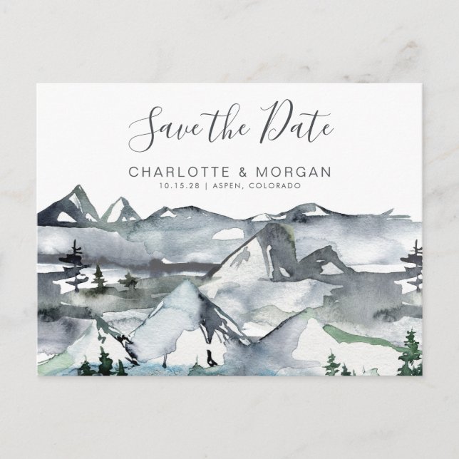 Rustic Watercolor Mountain Save the Date  Postcard (Front)