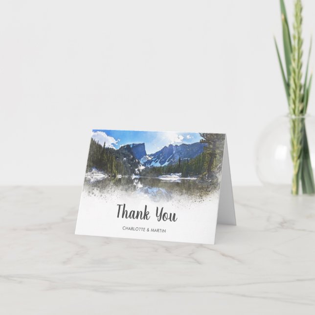 Rustic Watercolor Mountain Wedding Thank You Card (Front)
