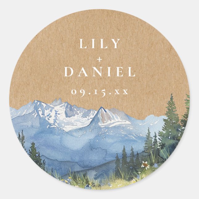 Rustic Watercolor Mountain Wildflower Wedding Classic Round Sticker (Front)