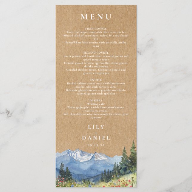 Rustic Watercolor Mountain Wildflower Wedding Menu (Front)