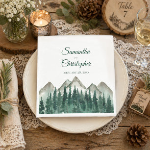 Rustic Watercolor Mountains and Pine Wedding Napkin