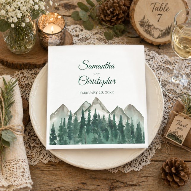 Rustic Watercolor Mountains and Pine Wedding Napkin (Creator Uploaded)