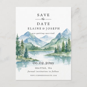 Rustic Watercolor Mountains Lake Save The Date Announcement Postcard