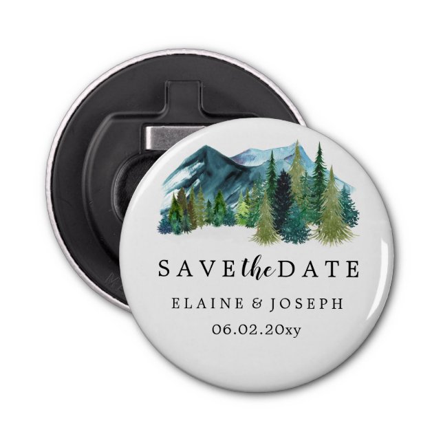 Rustic Watercolor Mountains Lake Save The Date    Bottle Opener (Front)