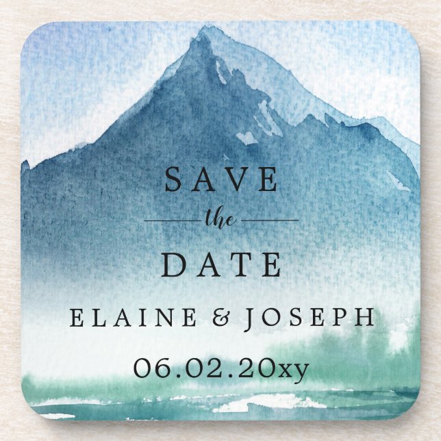 Rustic Watercolor Mountains Lake Save The Date Coaster (Front)