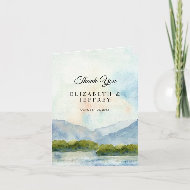 Rustic Watercolor Mountains  Lake Thank You Card (Front)