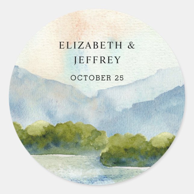 Rustic Watercolor Mountains Lake Winter Wedding  Classic Round Sticker (Front)