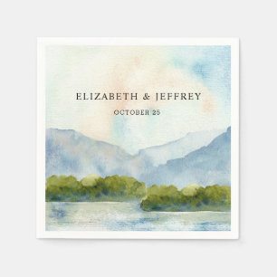 Rustic Watercolor Mountains Lake Winter Wedding  Napkin