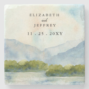 Rustic Watercolor Mountains Lake Winter Wedding Stone Coaster