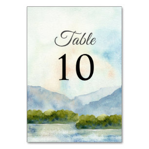 Rustic Watercolor Mountains Lake Winter Wedding  Table Number