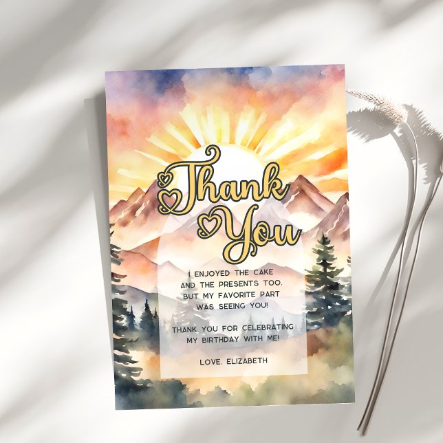 Rustic Watercolor Mountains Nature Sunrise Script Thank You Card (Creator Uploaded)