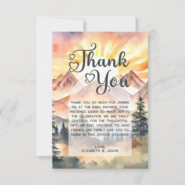 Rustic Watercolor Mountains Nature Sunrise Script Thank You Card (Front)