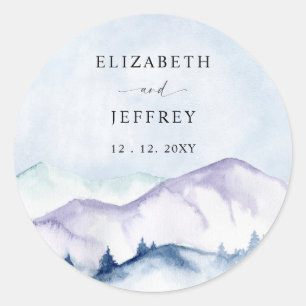 Rustic Watercolor Mountains Outdoor Pine Wedding Classic Round Sticker
